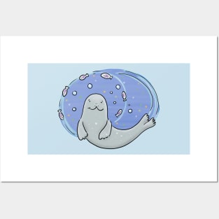 Cute happy seal and fish blue cartoon illustration Posters and Art